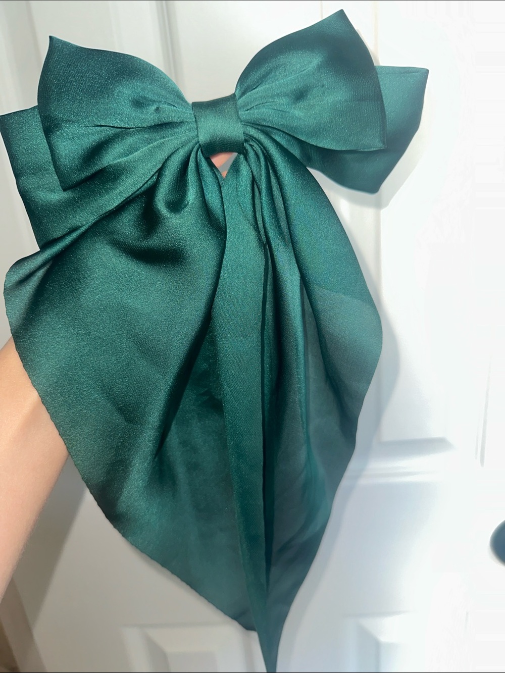 Satin Hair Bow Trio - Pink, White & Dark Green - Picture 5 of 5